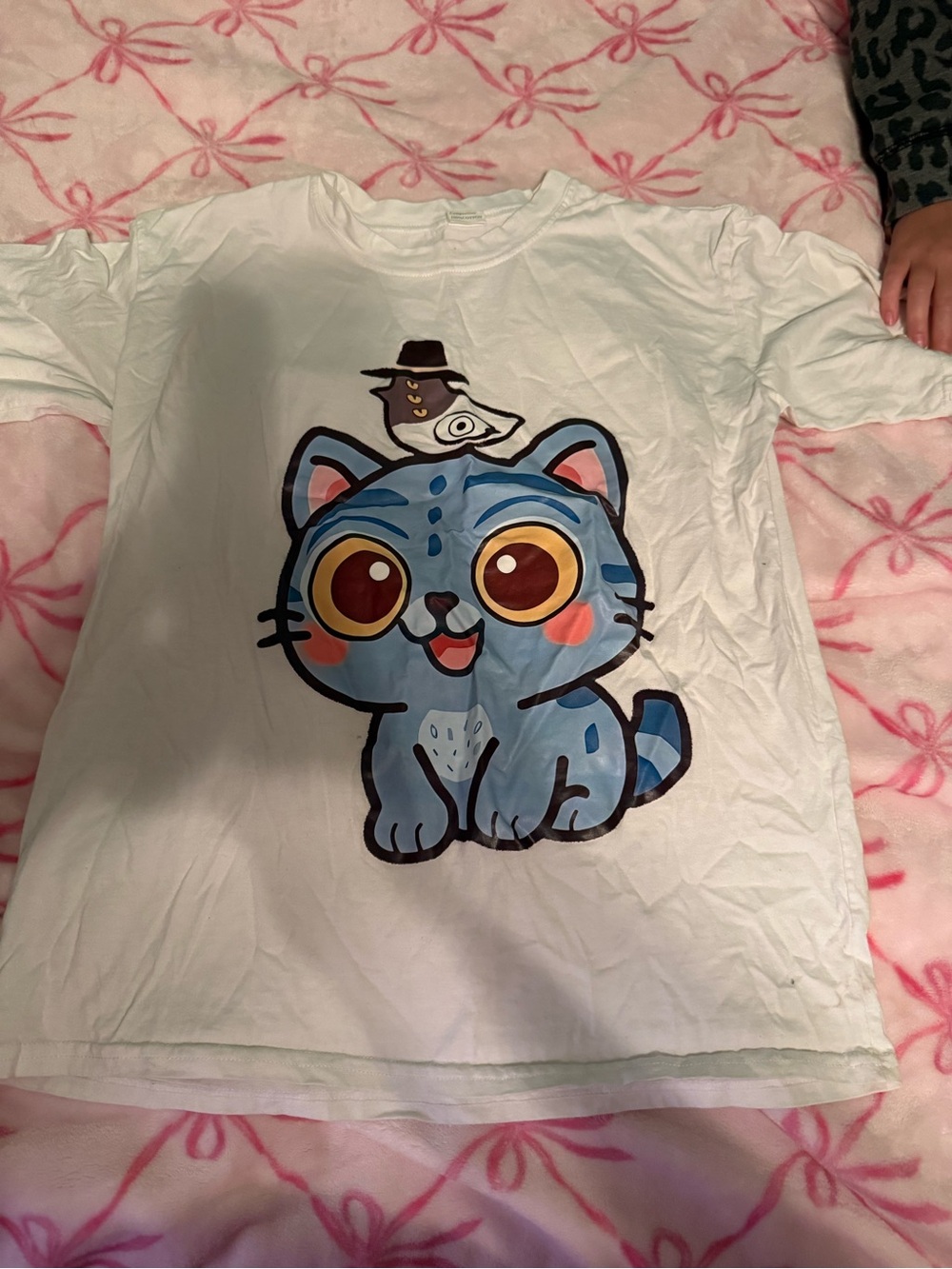 Kids White T-Shirt with Blue Cartoon Cat
